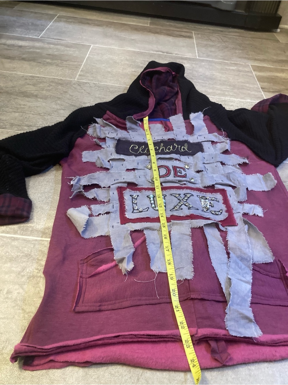 Hand Crafted Burgundy & Black Hooded Sweatshirt with 'De Luxe' Patch - Picture 10 of 11